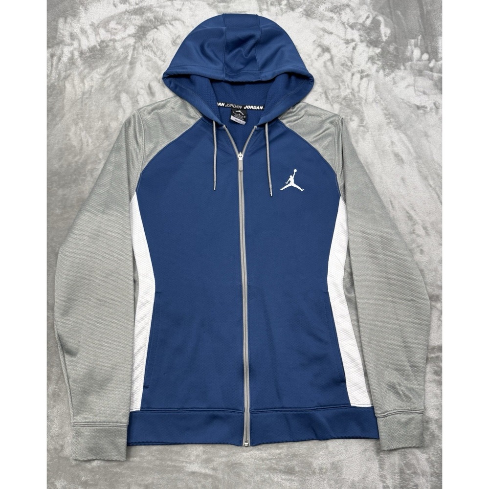 Nike Air Jordan Hoodie Mens Large Blue Gray Zip Up Jacket Warm Up Sweatshirt Y2K